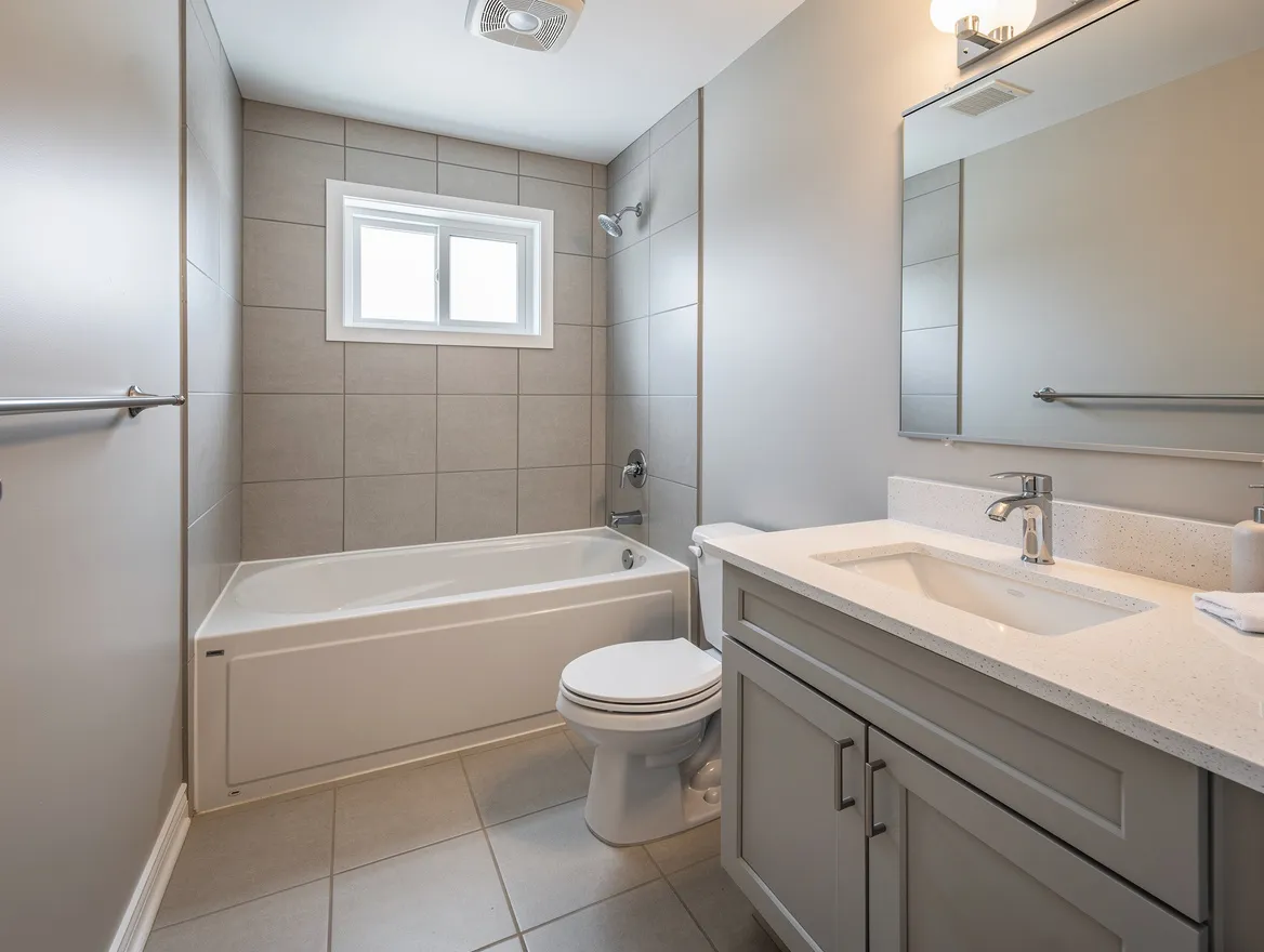 Rendered bathroom renovation mockup with transparent pricing